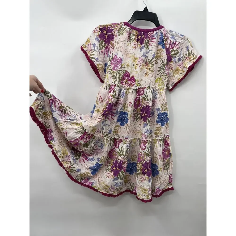 Matilda Jane Pink Purple Floral Hibiscus Trapeze Dress Fringe Trim NWT Girls 10